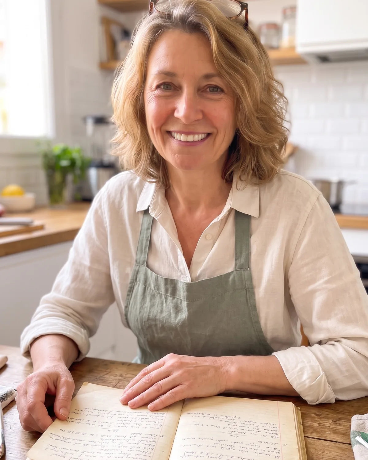 Sylvie dans sa cuisine avec le carnet de sa grand-mère