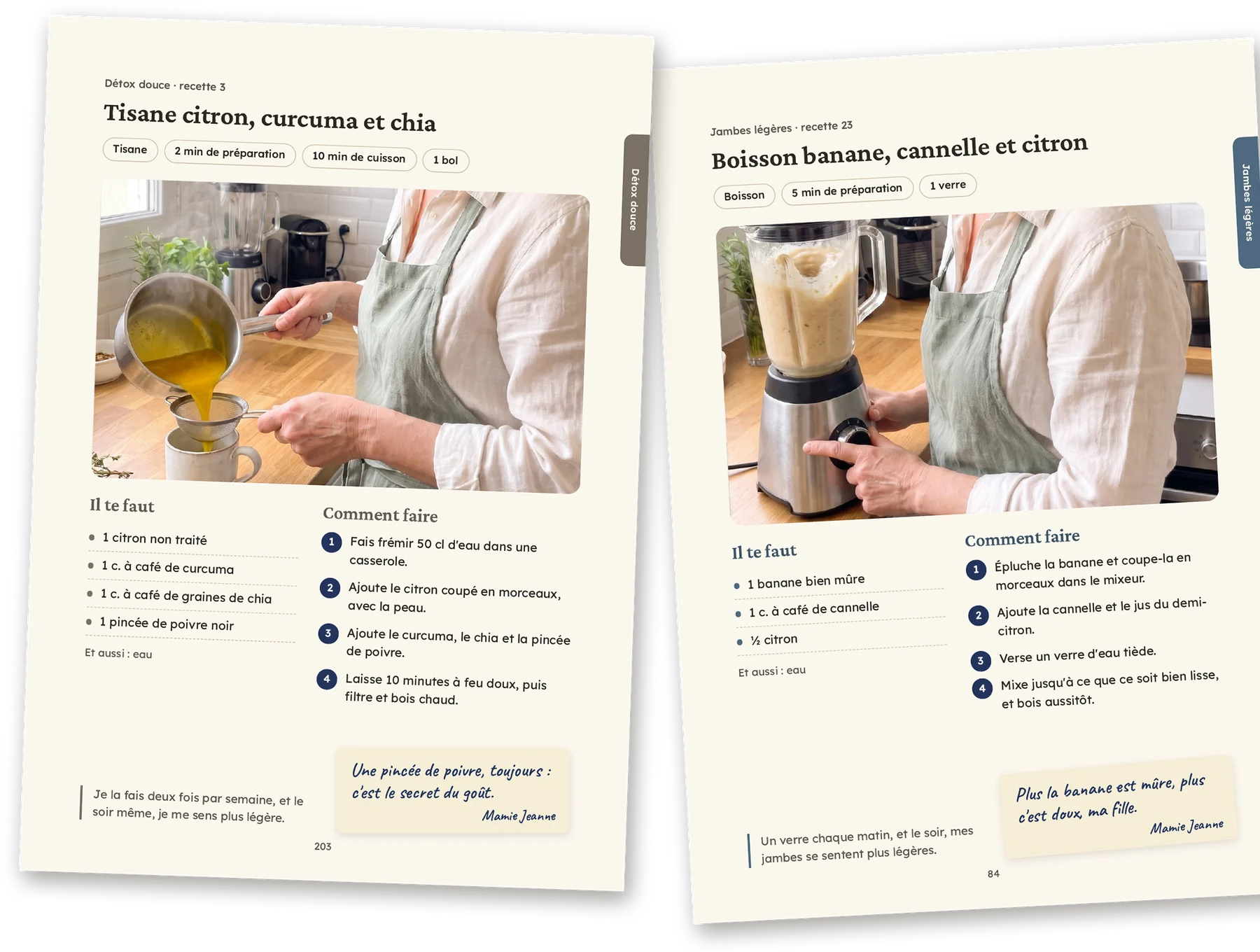 Deux pages du livre : la tisane citron, curcuma et chia et la boisson banane, cannelle et citron