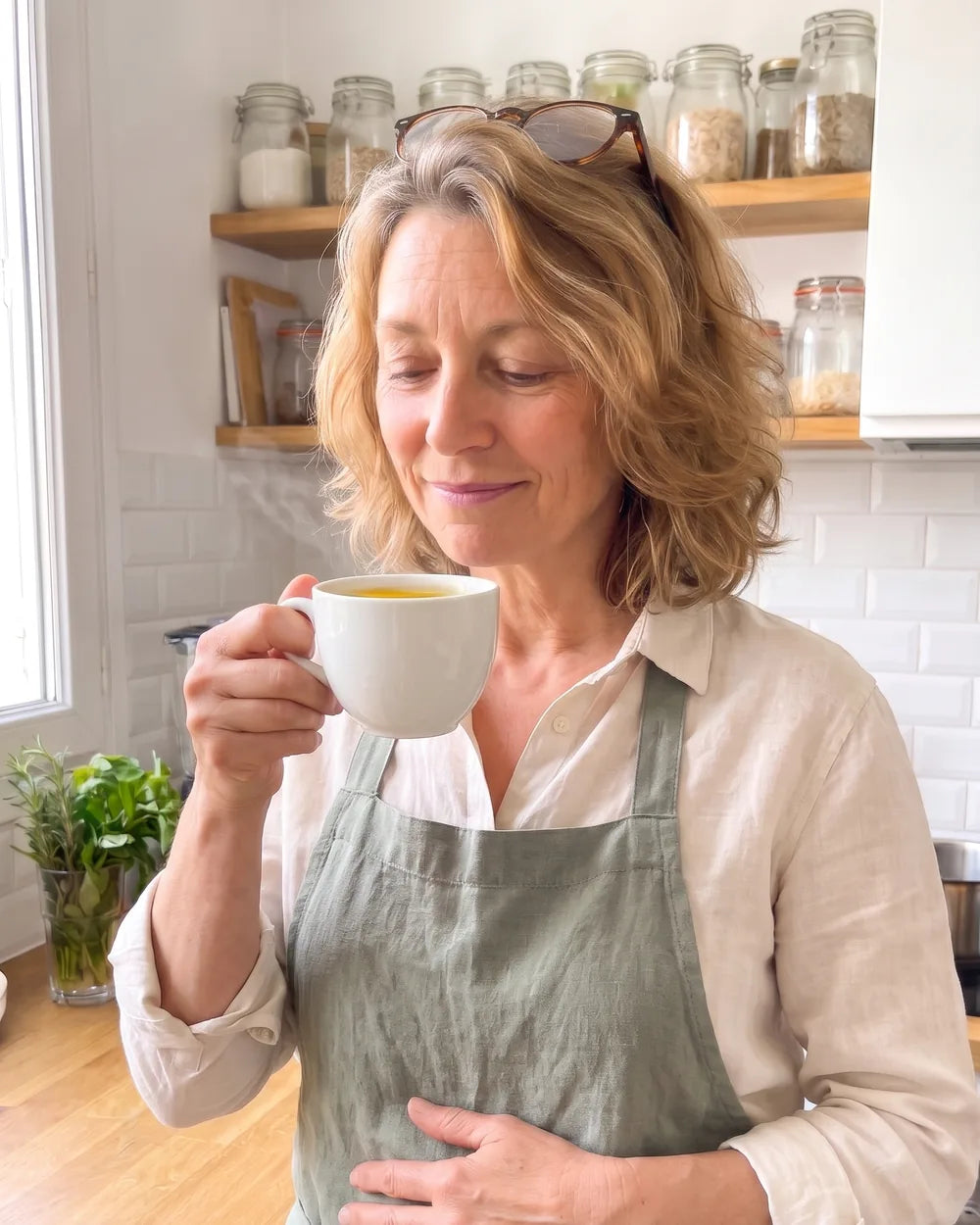 Sylvie boit une infusion dans sa cuisine